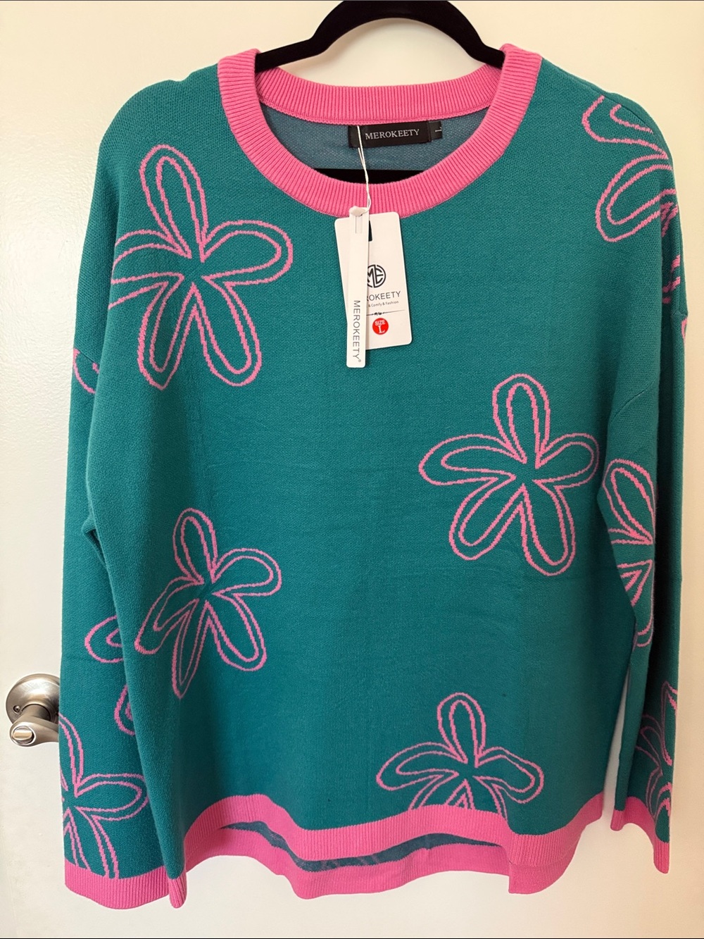 MEROKEETY Teal Crewneck Sweater with Pink Floral Trim
